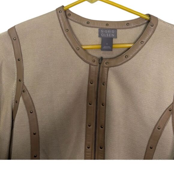 Sigrid Olsen Silk Blend Leather Trim Long Sleeve Crew Neck Cardigan, Size M - Picture 4 of 6